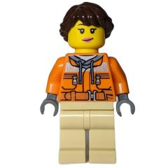 Minifigurka LEGO Orange Torso, Tan Legs, Dark Brown Hair