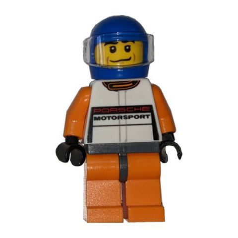 Minifigurka LEGO Race Driver, White Torso, Orange Legs, Blue Helmet, Porsche