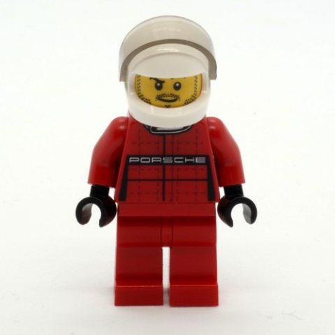 Minifigurka LEGO Race Driver, Red Torso, Red Legs, White Helmet, Porsche