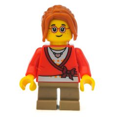 Minifigurka LEGO Girl, Cardigan Tied with Bow, Necklace, Short Dark Tan Legs, Glasses