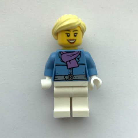 Minifigurka LEGO Woman, Medium Blue Jacket with Medium Lavender Scarf, White Legs