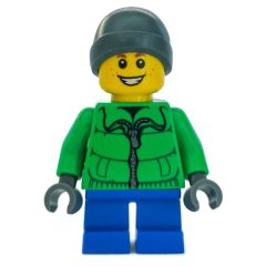 Minifigurka LEGO Boy, Green Jacket, Short Dark Blue Legs, Dark Bluish Gray Beanie Hat