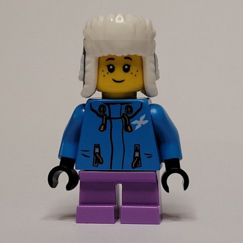 Minifigurka LEGO Girl, Dark Azure Ski Jacket, Short Medium Lavender Legs, Dark Azure Ushanka Hat