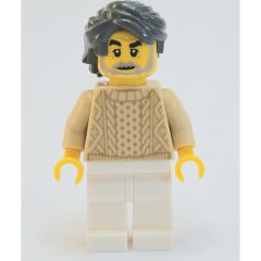 Minifigurka LEGO Man, Tan Sweater, White Legs, Dark Bluish Gray Hair, Beard