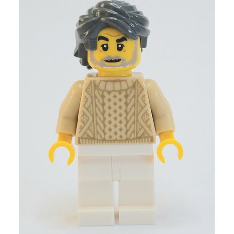 Minifigurka LEGO Man, Tan Sweater, White Legs, Dark Bluish Gray Hair, Beard
