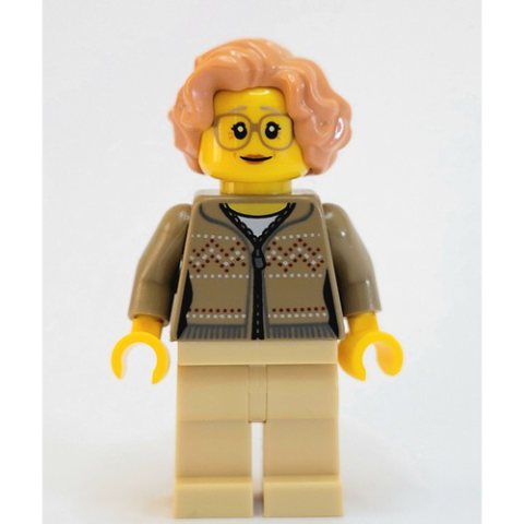 Minifigurka LEGO Woman, Dark Tan Cardigan with Zipper, Tan Legs, Nougat Hair, Glasses