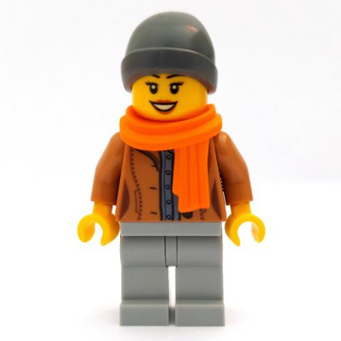 Minifigurka LEGO Woman, Open Medium Nougat Jacket, Light Bluish Gray Legs, Dark Bluish Gray Beanie Hat, Orange Scarf