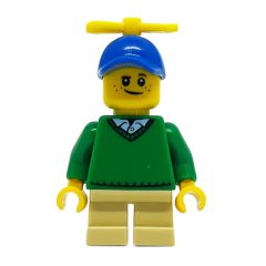 Minifigurka LEGO Boy, Green Sweater, Short Tan Legs, Blue Cap with Propeller