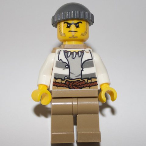 Minifigurka LEGO Criminal, Open Prison Shirt, Dark Tan Legs, Dark Bluish Gray Hat, Backpack