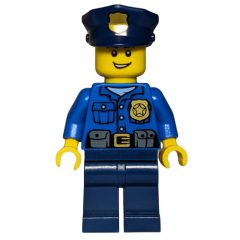 Minifigurka LEGO Policeman, Blue Shirt with Badge and Pouches, Dark Blue Legs, Dark Blue Police Hat with Badge, Open Mouth