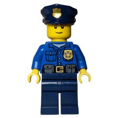 Minifigurka LEGO Policeman, Blue Shirt with Badge and Pouches, Dark Blue Legs, Dark Blue Police Hat with Badge