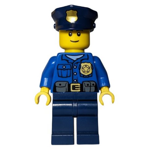 Minifigurka LEGO Policeman, Blue Shirt with Badge and Pouches, Dark Blue Legs, Dark Blue Police Hat with Badge