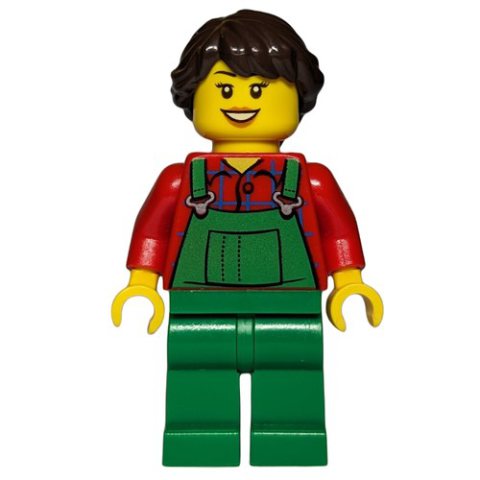 Minifigurka LEGO Woman, Green Overalls over Red Paid Shirt, Dark Brown Hair