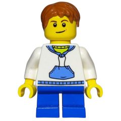 Minifigurka LEGO Boy, White and Blue Hoodie, Short Blue Legs, Dark Orange Hair, 3626cpr1579 Hair