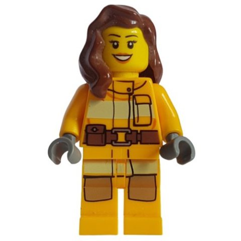 Minifigurka LEGO Firewoman, Bright Light Orange Fire Suit, Reddish Brown Hair