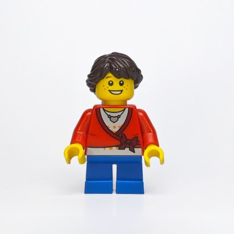 Minifigurka LEGO Girl, Cardigan Tied with Bow, Necklace, Short Blue Legs, Dark Brown Hair