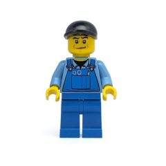 Minifigurka LEGO Man, Blue Overalls over Shirt, Blue Legs, Black Cap