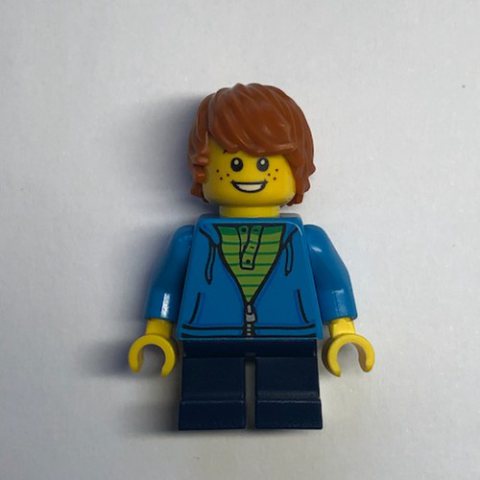 Minifigurka LEGO Boy, Dark Azure Torso, Dark Blue Legs, Dark Orange Hair