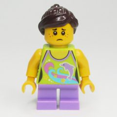 Minifigurka LEGO Kid - Lime Torso, Medium Lavender Legs, Dark Brown Hair