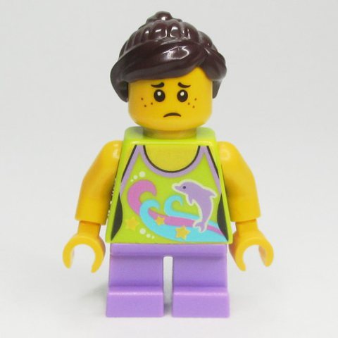 Minifigurka LEGO Kid - Lime Torso, Medium Lavender Legs, Dark Brown Hair