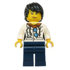 Minifigurka LEGO Scientist, Woman, White Jacket over Hoodie with Sunglasses, Dark Blue Legs, Black Hair