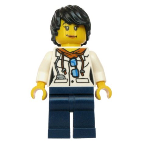 Minifigurka LEGO Scientist, Woman, White Jacket over Hoodie with Sunglasses, Dark Blue Legs, Black Hair