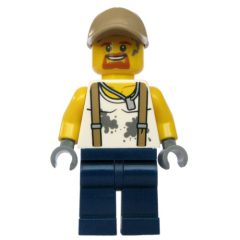 Minifigurka LEGO Mechanic, Dirty White Shirt with Suspenders, Dark Blue Legs, Dark Tan Cap, Goatee Beard