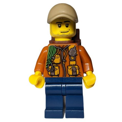 Minifigurka LEGO Explorer, Jacket with Pouches, Radio, and Rope, Dark Tan Cap, Backpack, Stubble