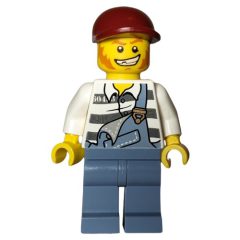 Minifigurka LEGO Criminal, Overalls over Prison Shirt, Dark Red Cap