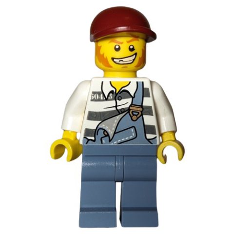 Minifigurka LEGO Criminal, Overalls over Prison Shirt, Dark Red Cap