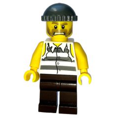 Minifigurka LEGO Criminal, Torn Prison Shirt, Dark Brown Legs, Dark Bluish Gray Hat