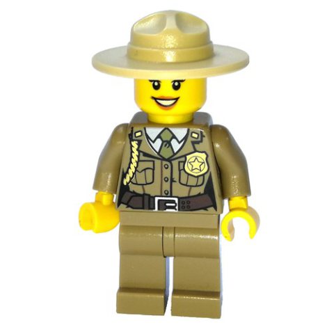 Minifigurka LEGO Forest Police / Ranger, Woman, Dark Tan Shirt with Olive Green Tie and Badge, Dark Tan Legs, Tan Campaign Hat