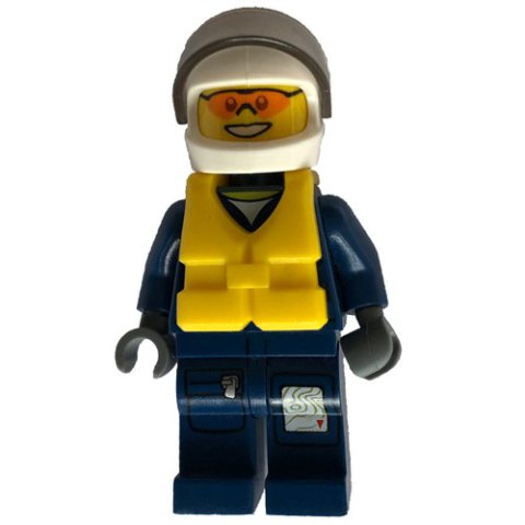 Minifigurka LEGO Policeman, Dark Blue Jacket with Pockets and Badge, White Helmet with Visor, Yellow Life Vest, Orange Sunglasses