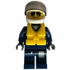 Minifigurka LEGO Policeman, Dark Blue Jacket with Pockets and Badge, White Helmet with Visor, Yellow Life Vest, Sunglasses and Wavy Mouth
