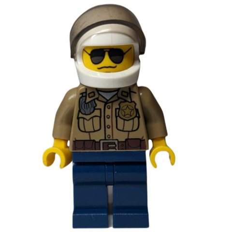 Minifigurka LEGO Forest Police / Ranger, Dark Tan Shirt with Radio and Badge, Dark Blue Legs, White Helmet with Visor, Sunglasses, 3626c Head