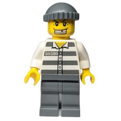 Minifigurka LEGO Criminal, Prison Shirt with #50380, Dark Bluish Gray Legs, Dark Bluish Gray Hat, Gold Tooth