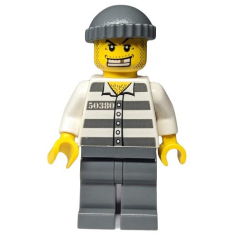 Minifigurka LEGO Criminal, Prison Shirt with #50380, Dark Bluish Gray Legs, Dark Bluish Gray Hat, Gold Tooth