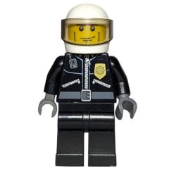 Minifigurka LEGO Policeman, Black Jacket with Zipper, Radio, Badge, and 'POLICE' on Back, White Helmet with Visor