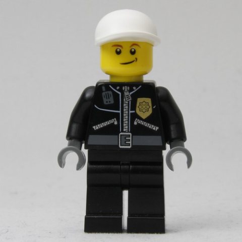 Minifigurka LEGO Policeman, Black Jacket with Zipper, Radio, Badge, and 'POLICE' on Back, White Cap (3626b Head)