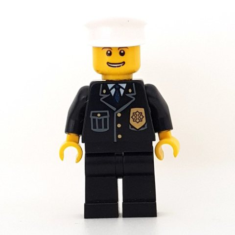 Minifigurka LEGO Policeman, Black Jacket with Pocket and Badge, White Hat, Open Mouth
