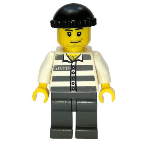 Minifigurka LEGO Criminal, Prison Shirt with #50380, Dark Bluish Gray Legs, Black Hat, Stubble