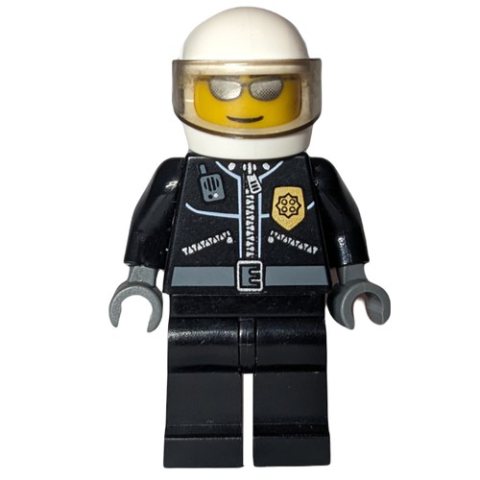 Minifigurka LEGO Policeman, Black Jacket with Zipper, Radio, Badge, and 'POLICE' on Back, White Helmet with Visor, Silver Sunglasses