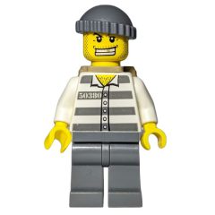 Minifigurka LEGO Criminal, Prison Shirt with #50380, Dark Bluish Gray Legs, Dark Bluish Gray Hat, Dark Tan Backpack, Gold Tooth