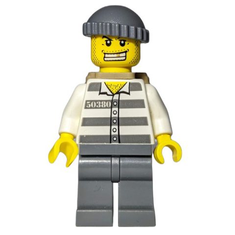 Minifigurka LEGO Criminal, Prison Shirt with #50380, Dark Bluish Gray Legs, Dark Bluish Gray Hat, Dark Tan Backpack, Gold Tooth
