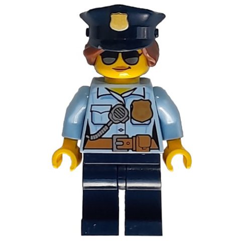 Minifigurka LEGO Policewoman, Bright Light Blue Shirt with Radio and Badge, Dark Blue Legs, Police Hat with Badge, Sunglasses