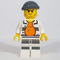 Minifigurka LEGO Criminal Gary Goldrush, Open Prison Shirt #18675 over Orange Top, Dark Bluish Gray Hat, Stubble