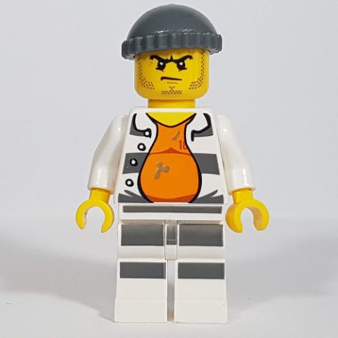 Minifigurka LEGO Criminal Gary Goldrush, Open Prison Shirt #18675 over Orange Top, Dark Bluish Gray Hat, Stubble