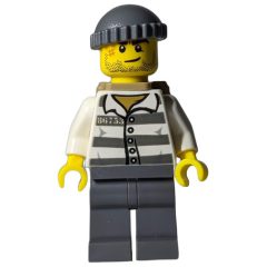 Minifigurka LEGO Criminal, Prison Shirt with #86753, Dark Bluish Gray Legs, Dark Bluish Gray Hat, Dark Tan Backpack, Stubble