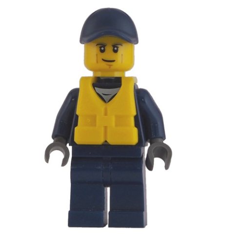 Minifigurka LEGO Policeman, Dark Blue Jacket with Zipper, Badge, and 'POLICE' on Back, Dark Blue Cap, Yellow Life Vest