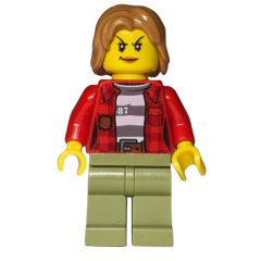 Minifigurka LEGO Criminal, Woman, Open Red Flannel Shirt over Prison Shirt, Medium Nougat Hair
